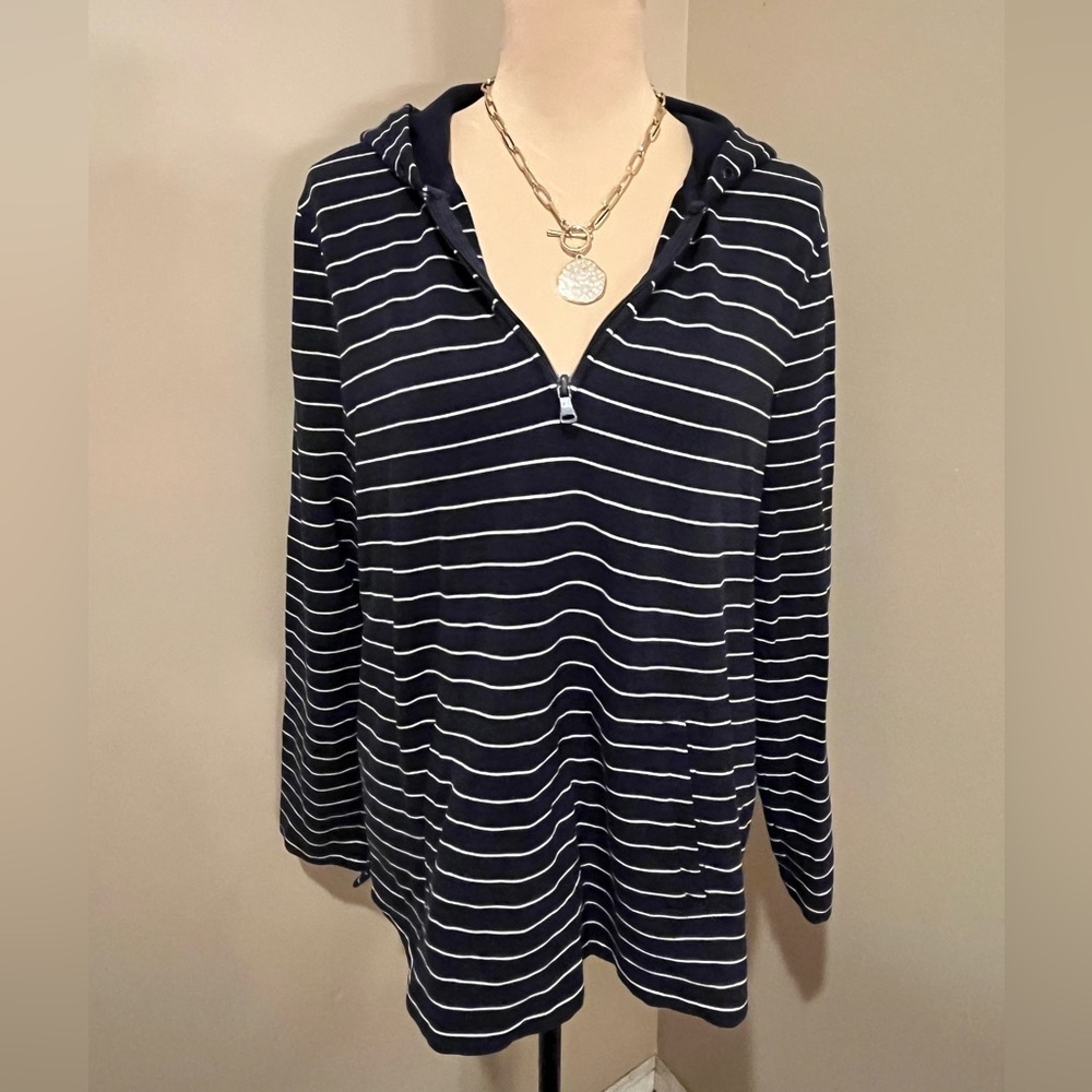 Talbots Navy White Striped  1/4 Zip Hoodie V Neck, size Medium